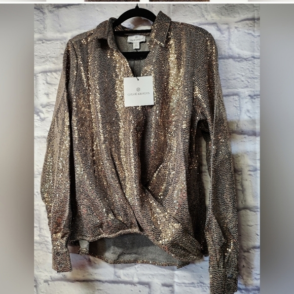 NWT $680 Chloe Kristyn 2 Pieces Sequin Gold Pants and Button Down Blouse Size L - Picture 12 of 14